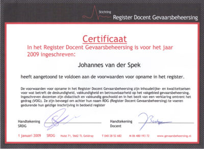 Certificaat 'Gevaarsbeheersing' 