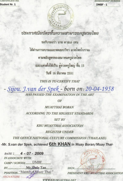 DMBF Diploma (Muaythai Boran) Thaise versie 